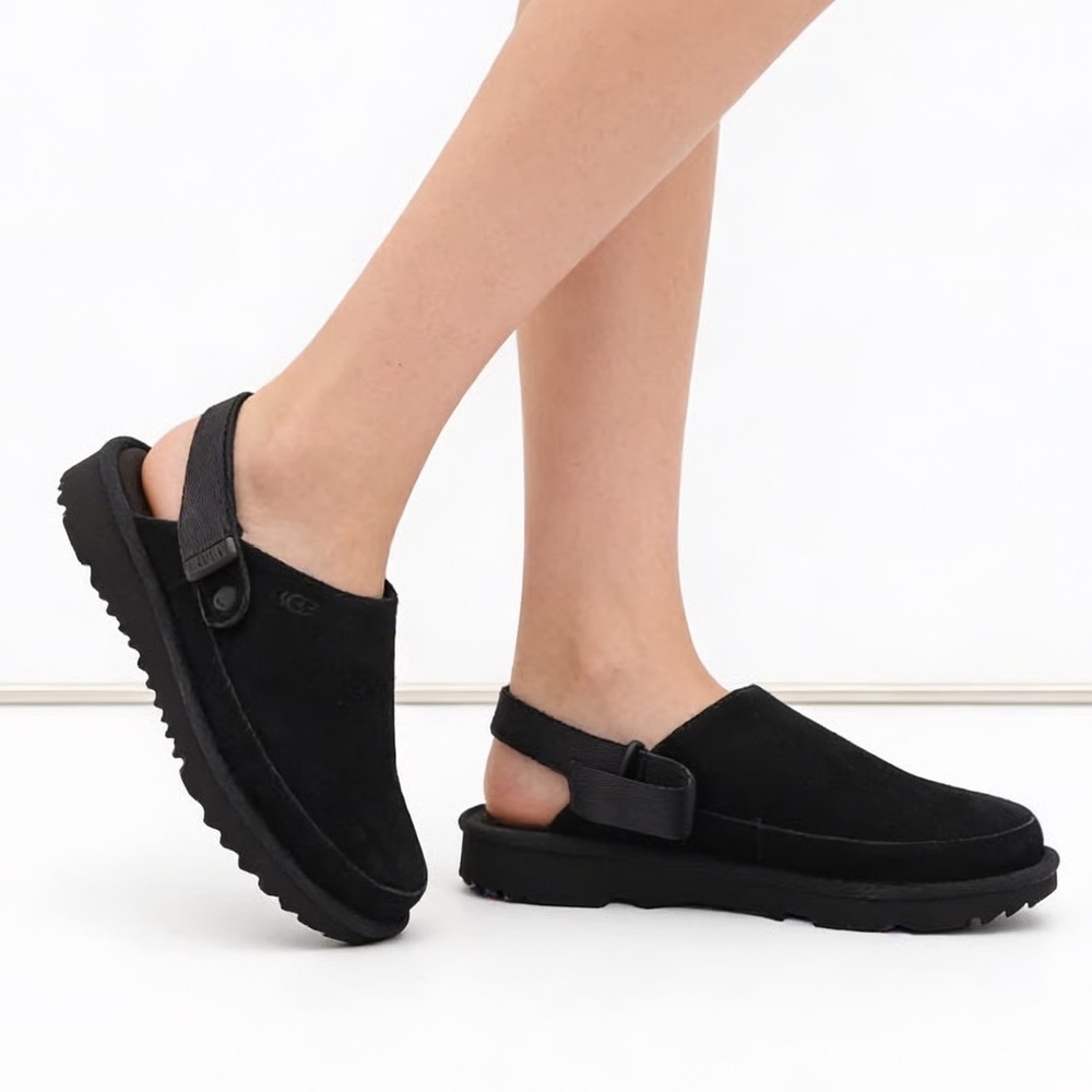 UGG Goldenstar Clog Black Suede Adjustable Strap Shoes Size 6